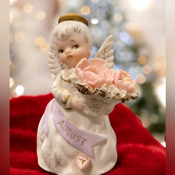 Lefton August Birthday Angel w/Roses & Purple Sash Bisque Finish #3332 Japan - Picture 1 of 14